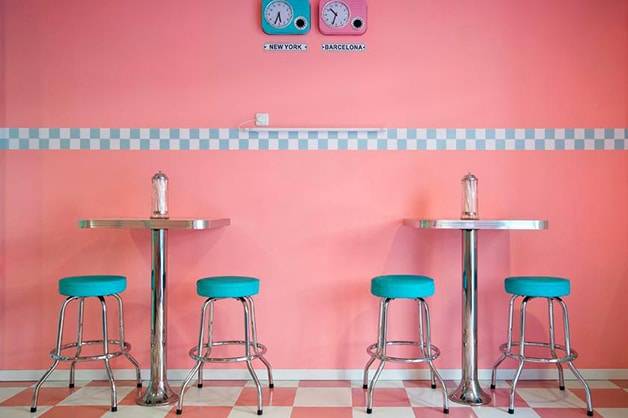 peggy sue pink wall and stools